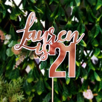 “Name is 21” Personalised Rose Gold and White Cake Topper – Silver – Gold